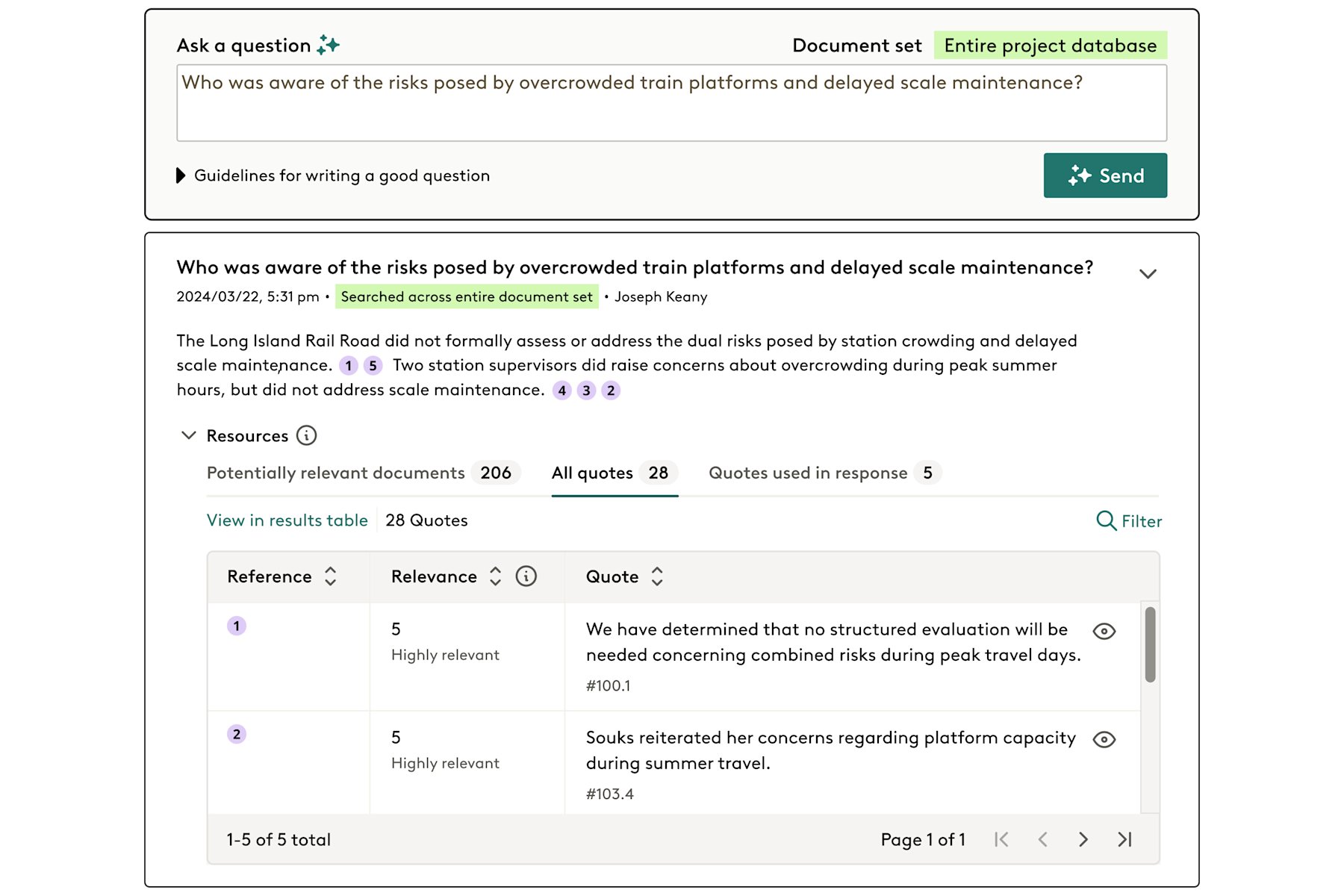 Everlaw Deep Dive interface showing a natural-language question and evidence-linked answer