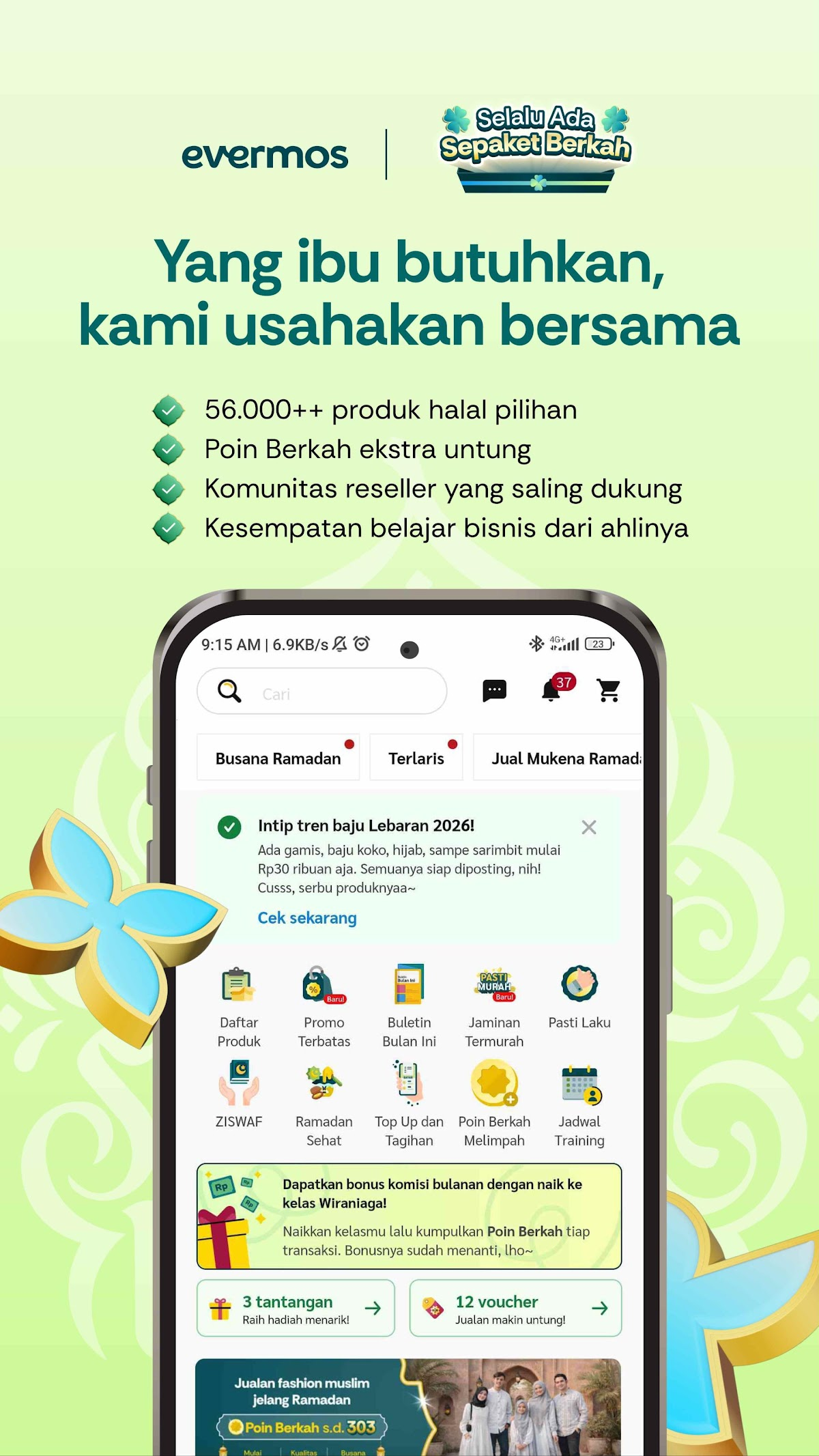 Official Evermos app-store artwork showing its catalogue, promotions and training interface