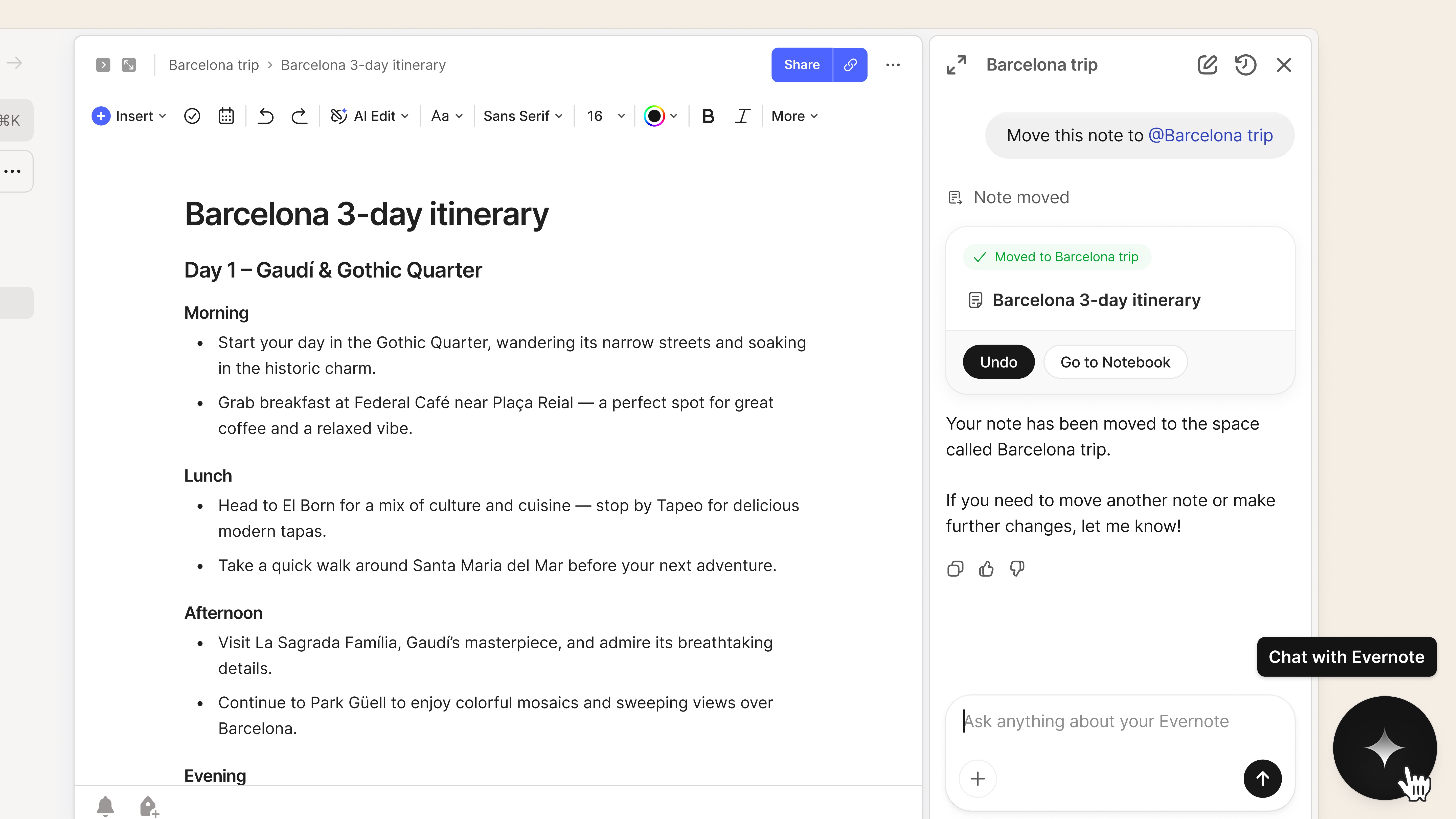 Evernote’s AI Assistant product interface showing chat alongside a travel-planning note