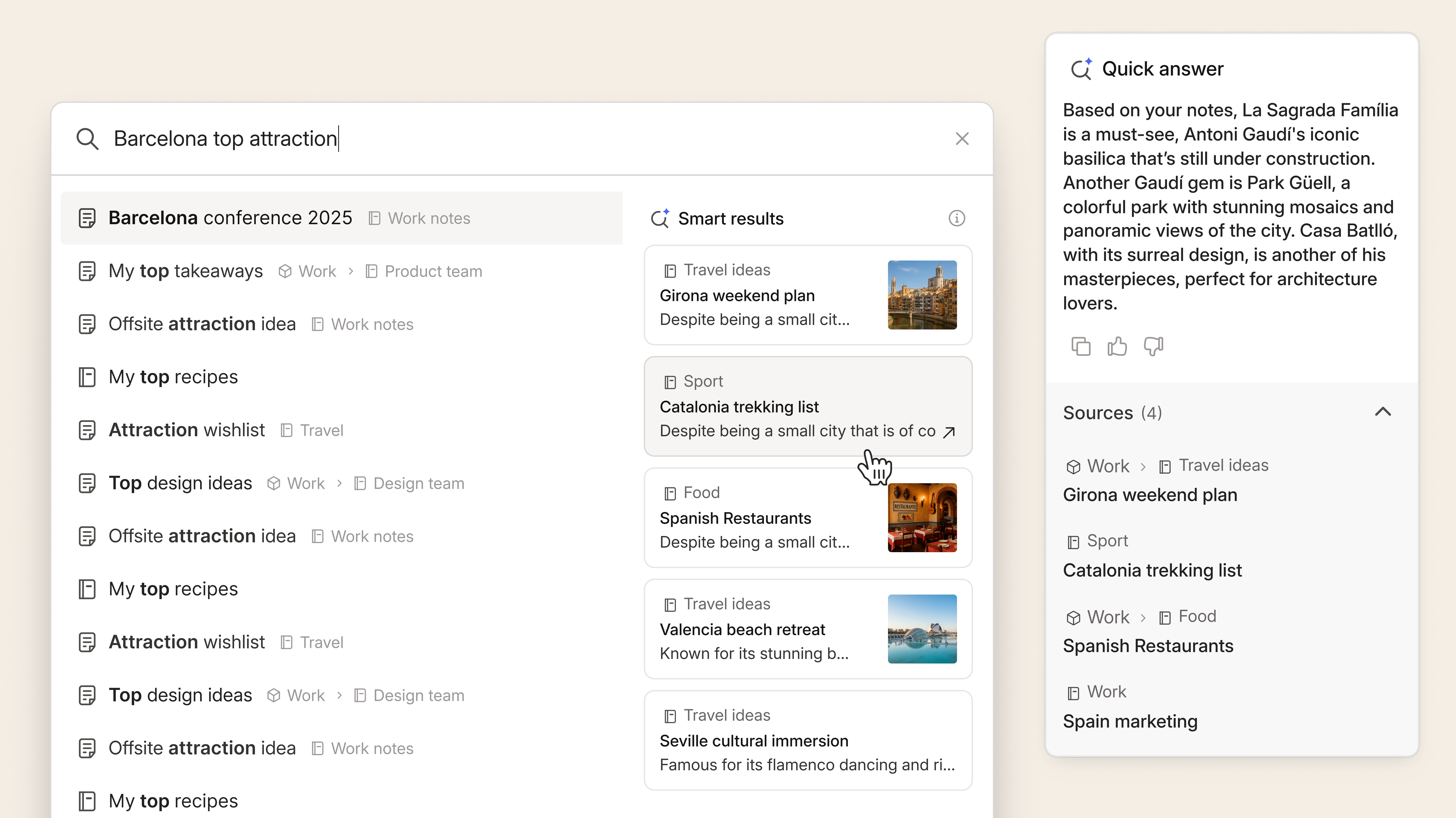Official Evernote Semantic Search interface demonstrating retrieval of related travel notes