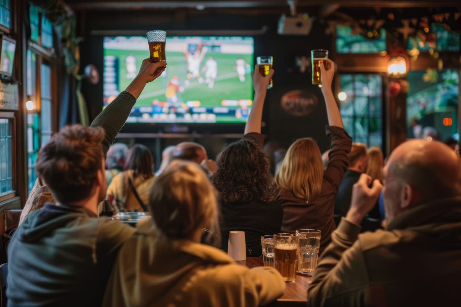 Promotional image from EverPass showing patrons raising glasses toward sports screens