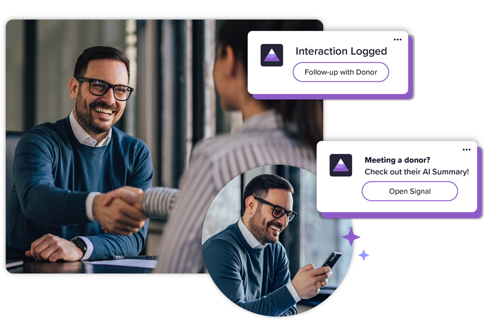 EverTrue Signal product illustration showing a donor meeting, an interaction notification, and an AI summary prompt