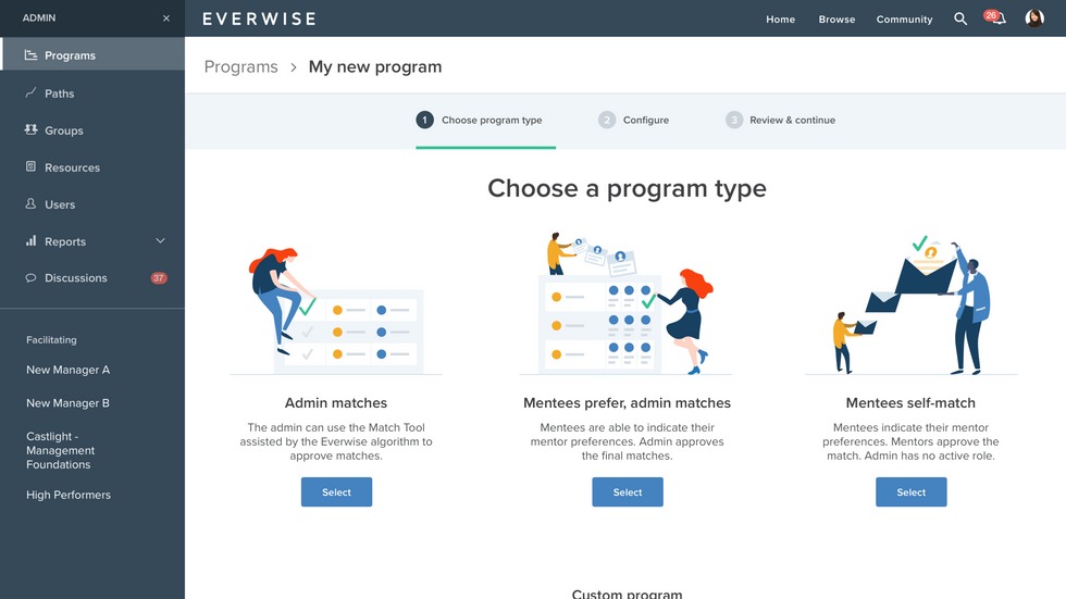 Everwise program creation screen showing different mentor matching options