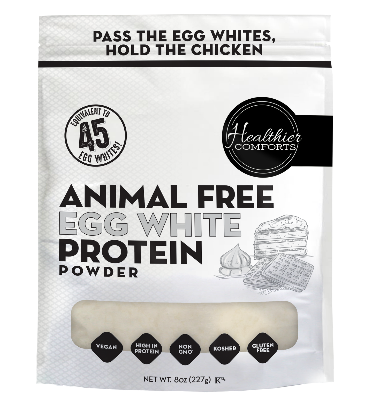 Healthier Comforts Animal Free Egg White Protein Powder package using EVERY OvoPro