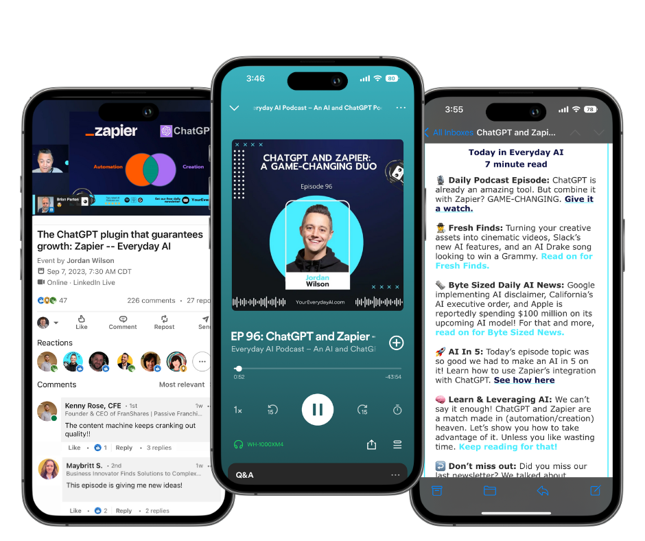 Everyday AI’s illustration showing a livestream, podcast and newsletter on three phones