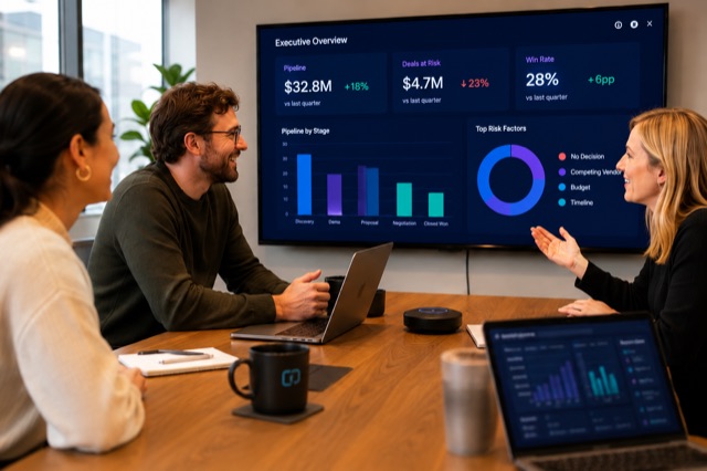 Colleagues discuss performance metrics displayed on a screen