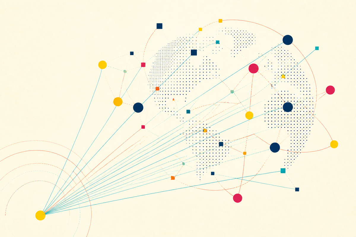 A geometric world map connected by bright lines and colored nodes