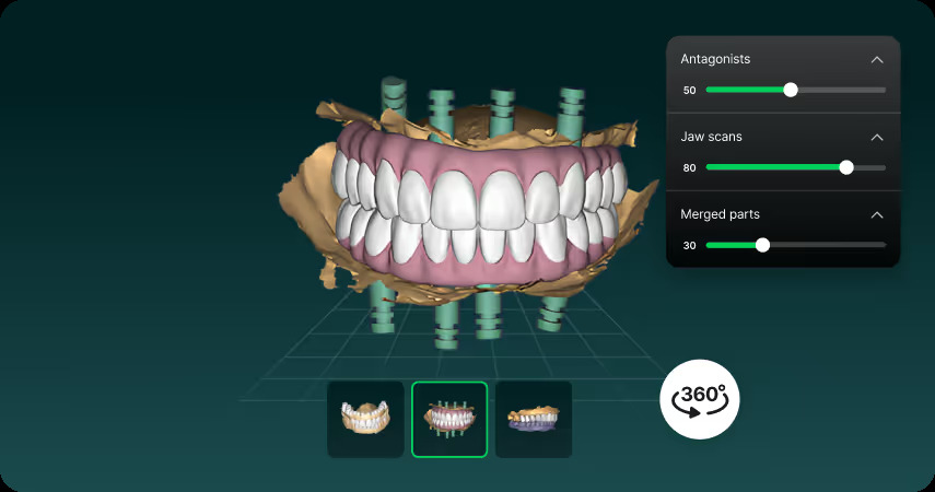 EviSmart 3D viewer showing a full-arch dental design with adjustment controls