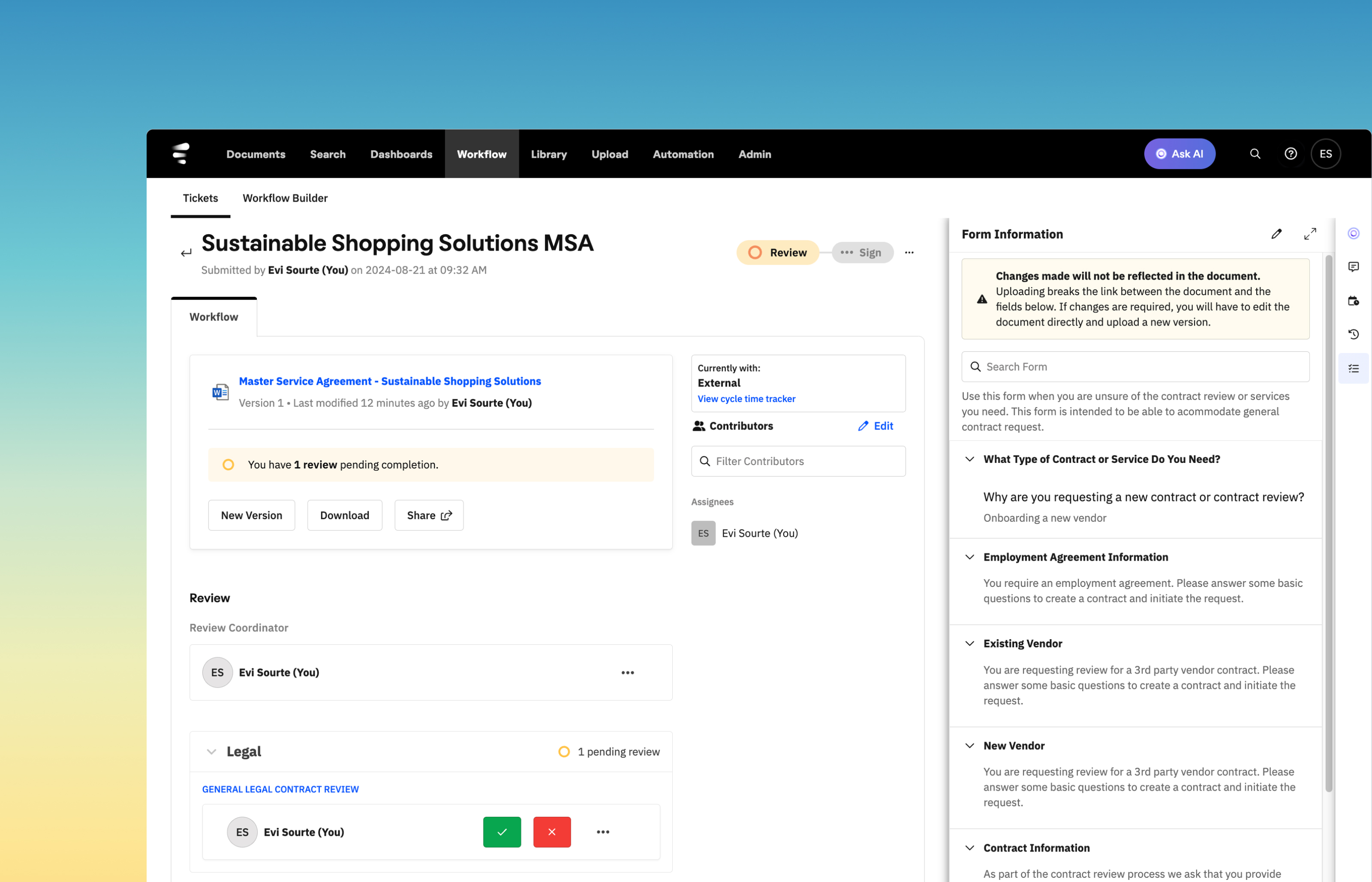 Evisort workflow screen for a master service agreement with review controls and form information