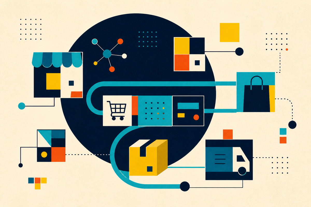 Abstract Swiss-style illustration of connected storefronts, payment routes and parcels