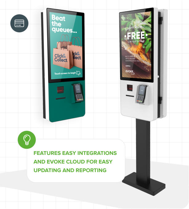 Two Evoke self-service kiosk configurations, one wall mounted and one floor standing