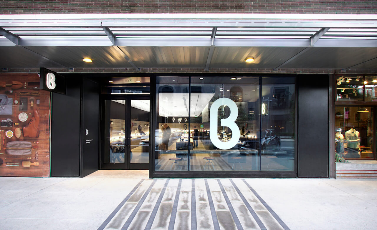 The glass entrance and b8ta sign at its Austin store