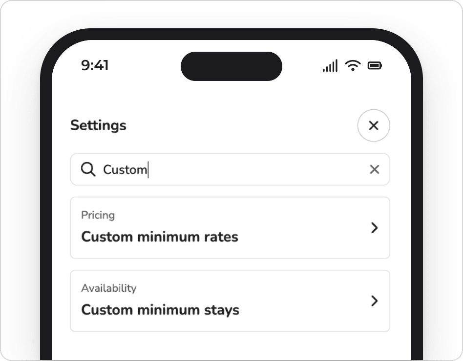 Evolve Owner App settings search showing custom minimum rates and minimum stays