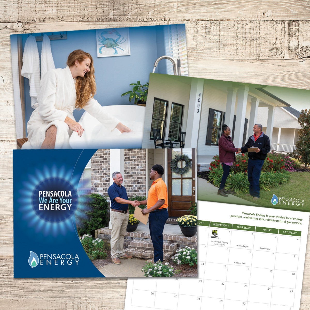 A Pensacola Energy calendar featuring local utility workers and customers