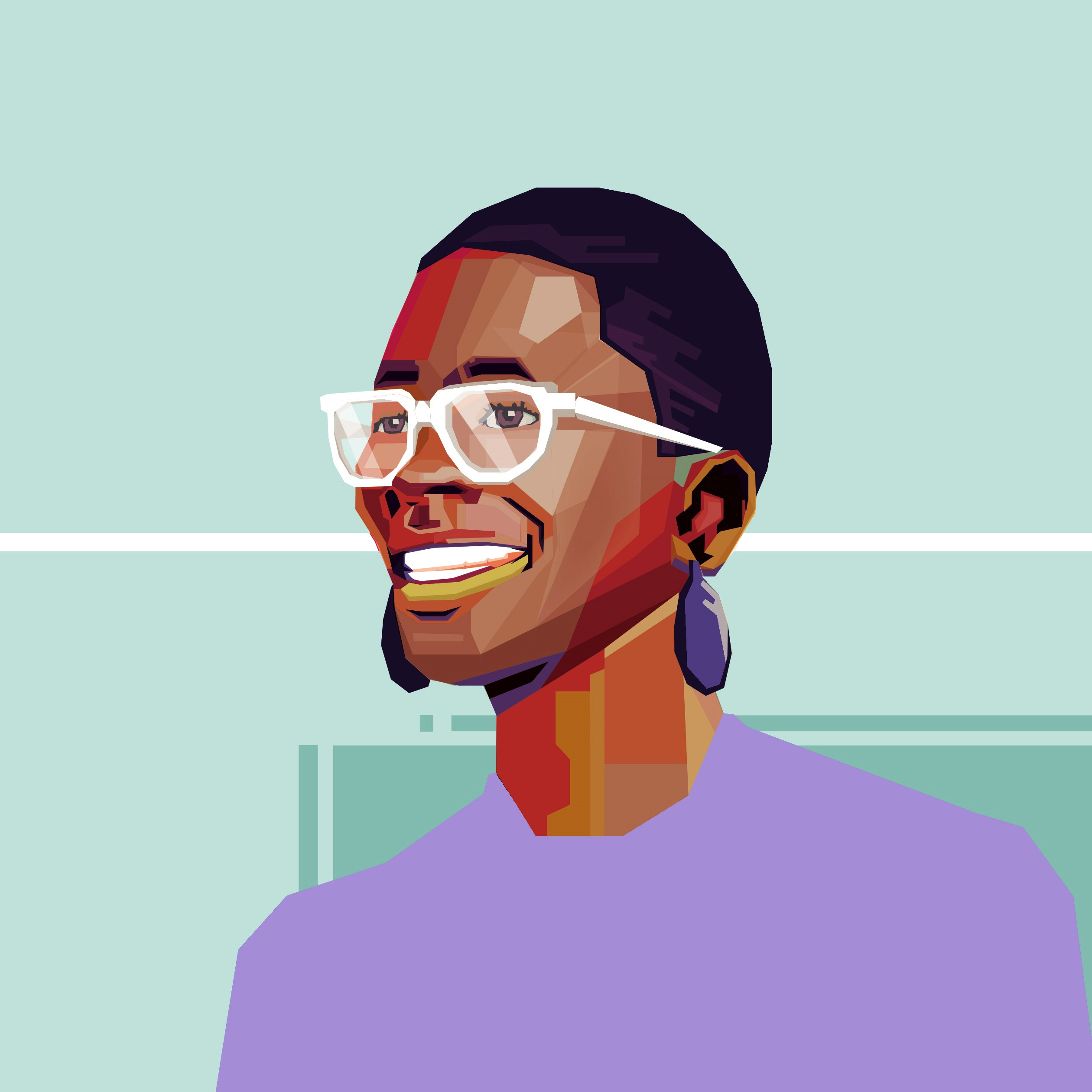 A geometric illustrated portrait of Ewurama Ewusi-Mensah wearing white glasses and a lavender top