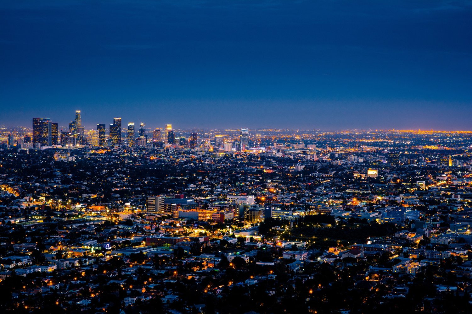 Los Angeles skyline under warm evening light