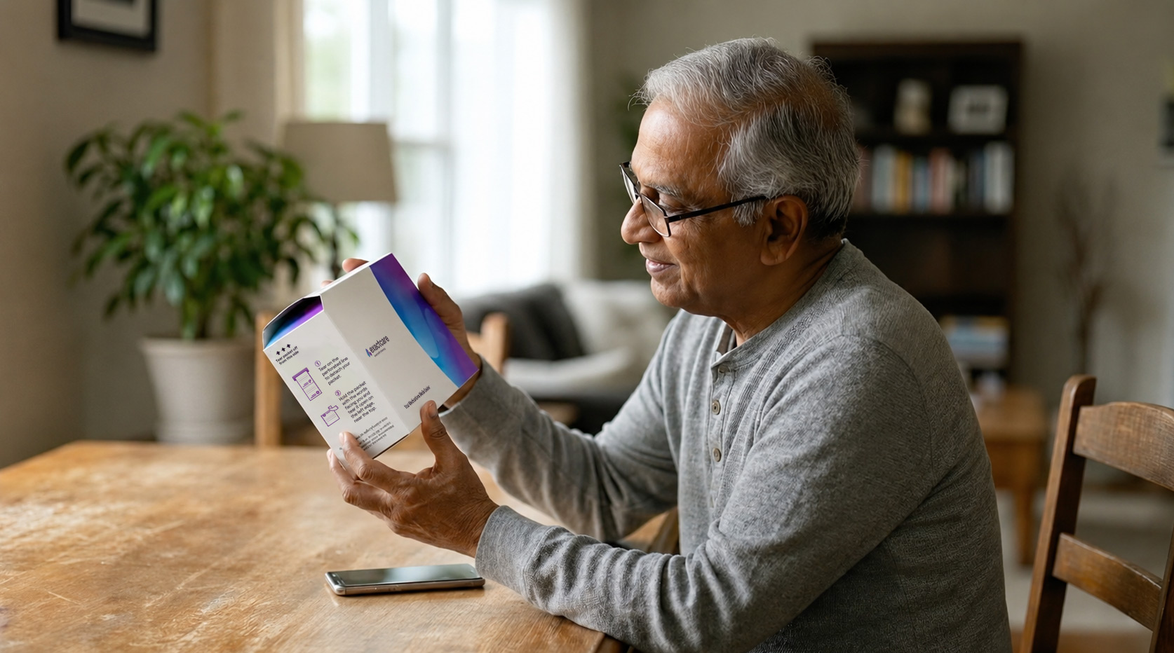 A patient at home holding an ExactCare delivery box