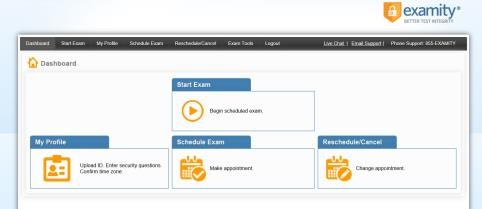Archived Examity dashboard showing profile, exam scheduling and rescheduling tiles