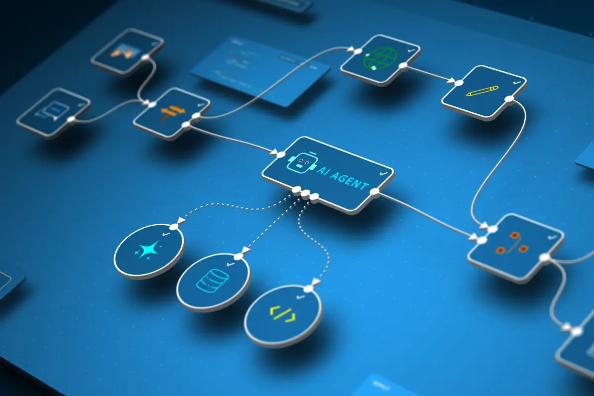 Excelencia’s SyntraFlow marketing illustration showing connected automation components