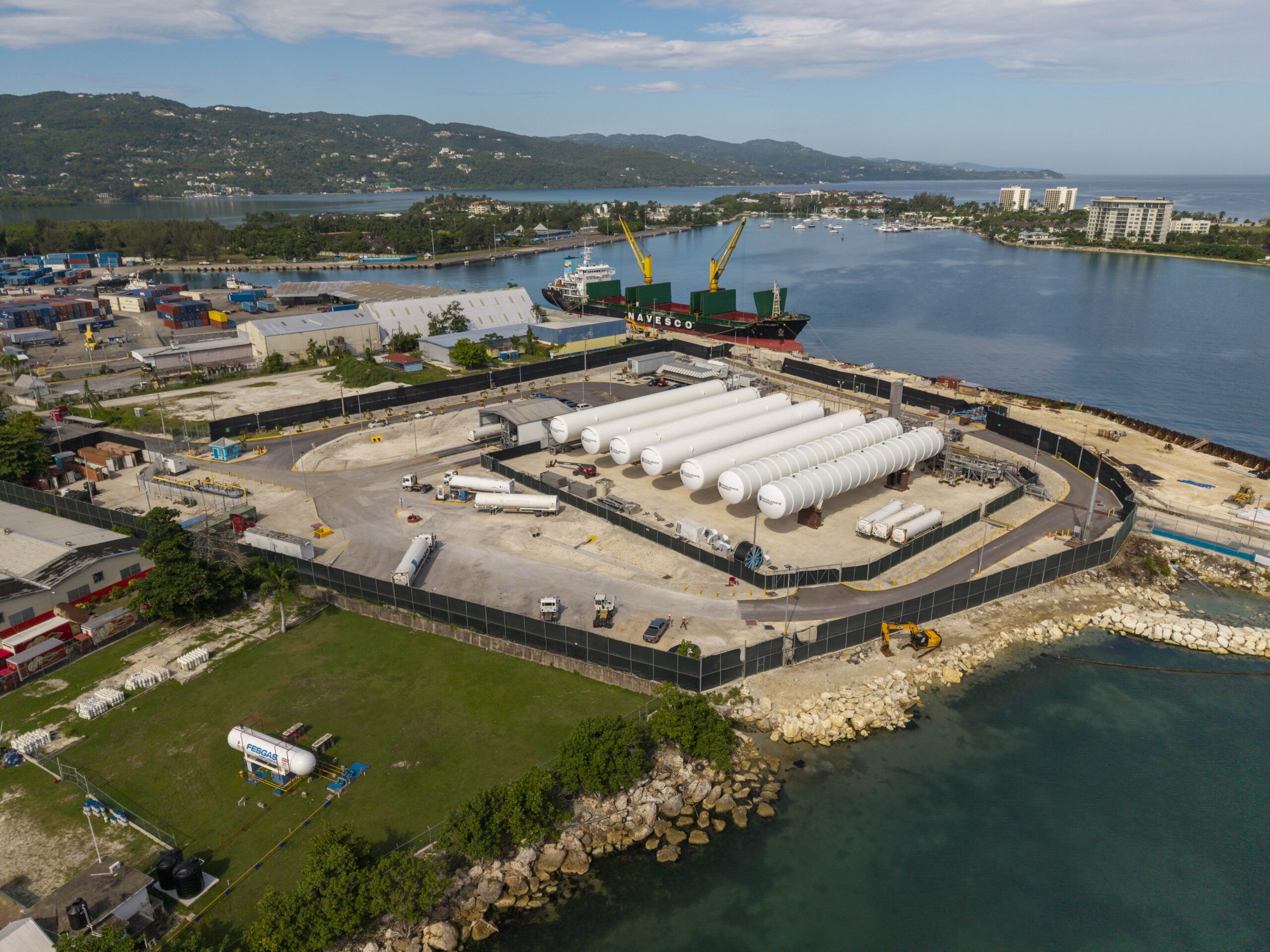 Aerial view of LNG storage tanks and receiving infrastructure at the Montego Bay terminal in Jamaica
