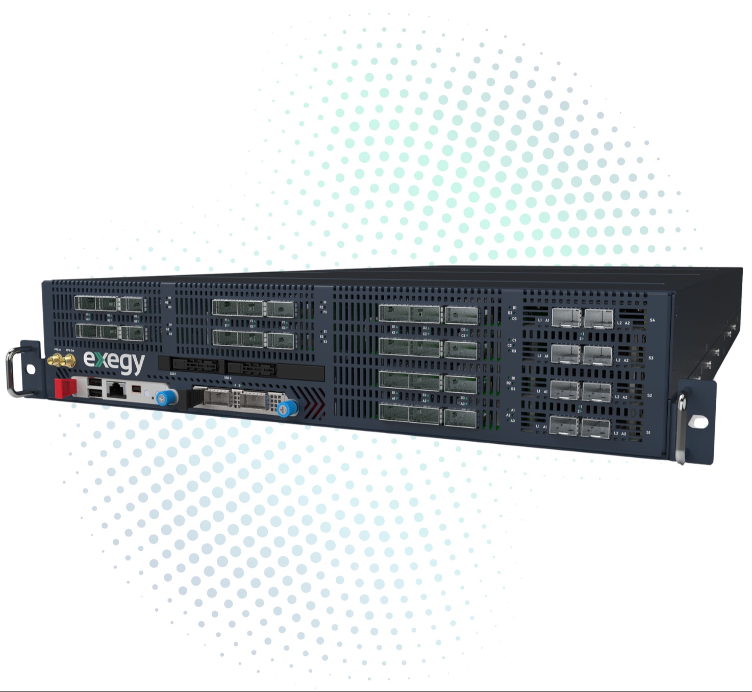 Exegy Nexus rack-mounted appliance with network ports and FPGA card connections
