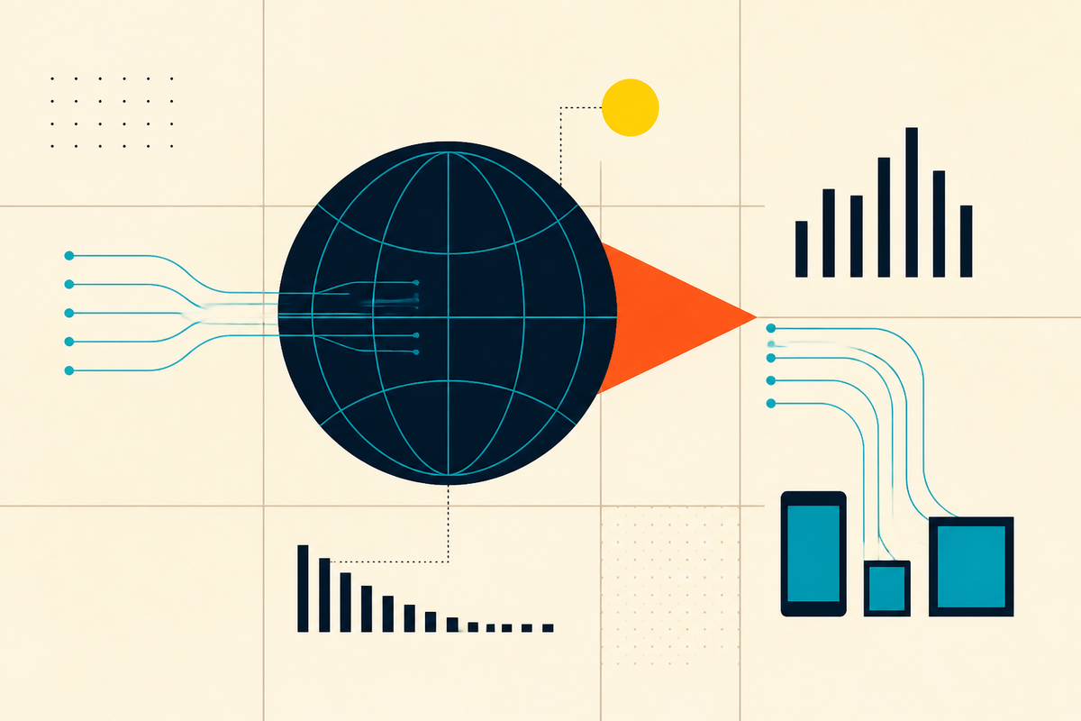 Abstract Swiss-style illustration of a globe, market signals, data bars and connected devices