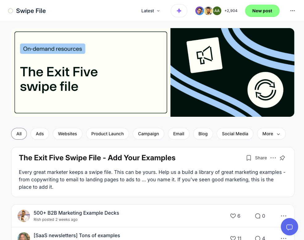 Exit Five member swipe file interface showing practical marketing examples