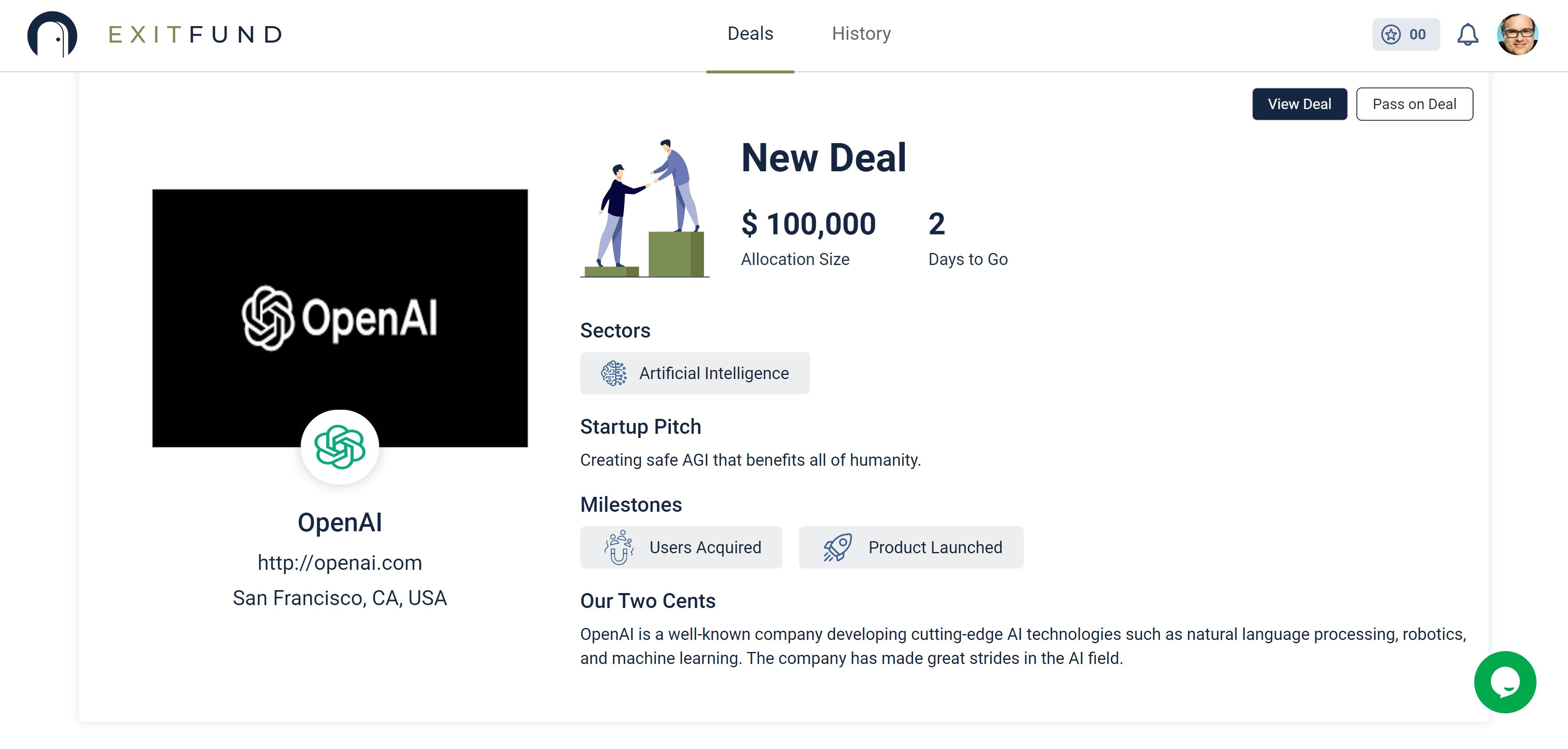 Exitfund launch screenshot showing a deal page with allocation, sector, pitch, and milestone fields