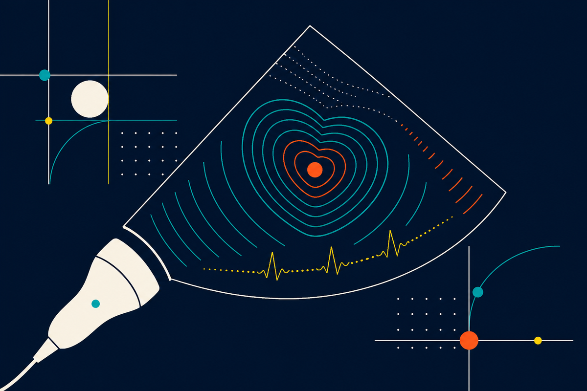 Abstract Swiss-style illustration of a handheld ultrasound probe scanning a geometric heart