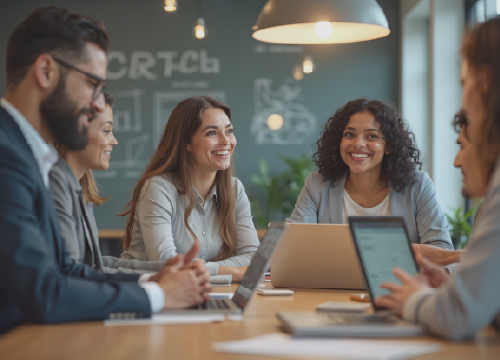 People discussing work around a table, in an illustrative photograph from Exostar’s careers page