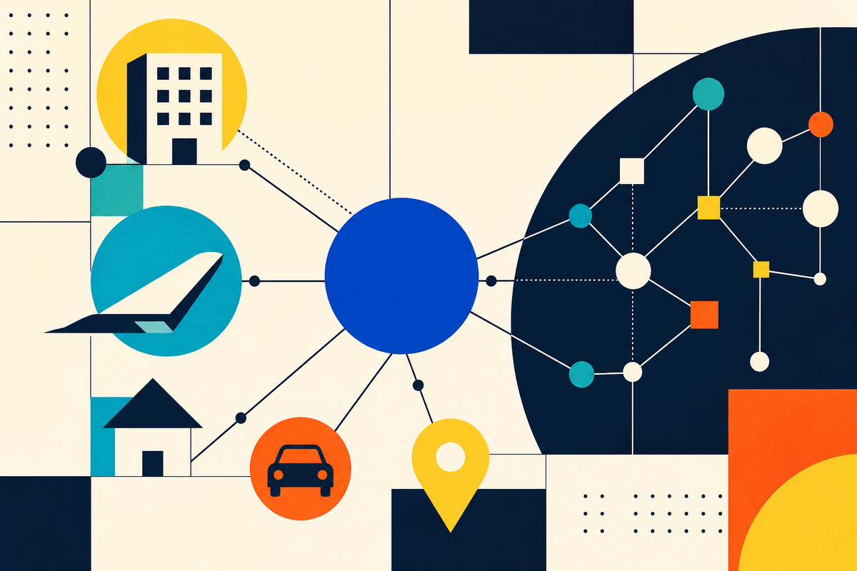 Abstract geometric travel network linking a hotel, plane, home, car and location marker