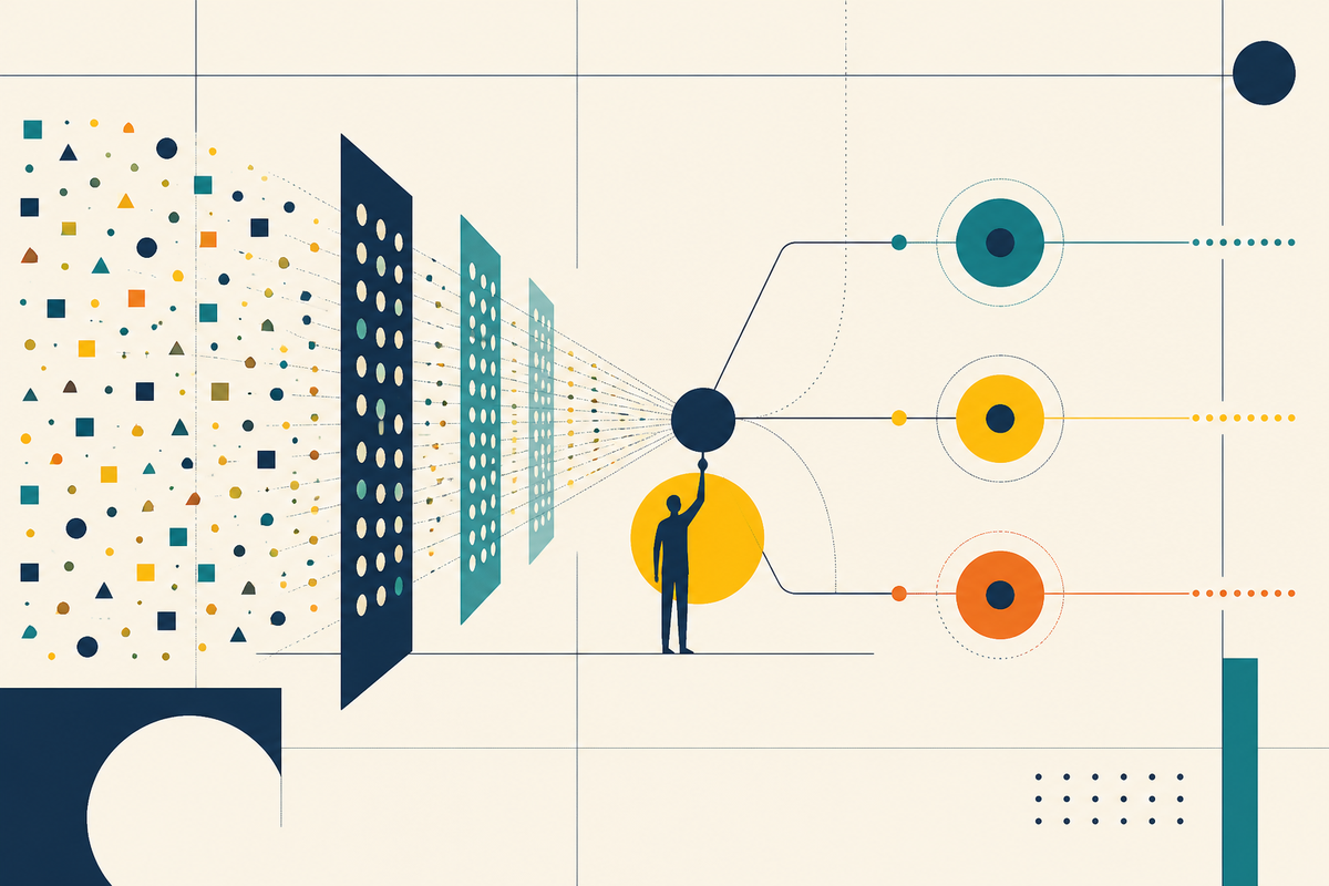 Abstract Swiss-style illustration showing many signals filtered into three clear outcomes
