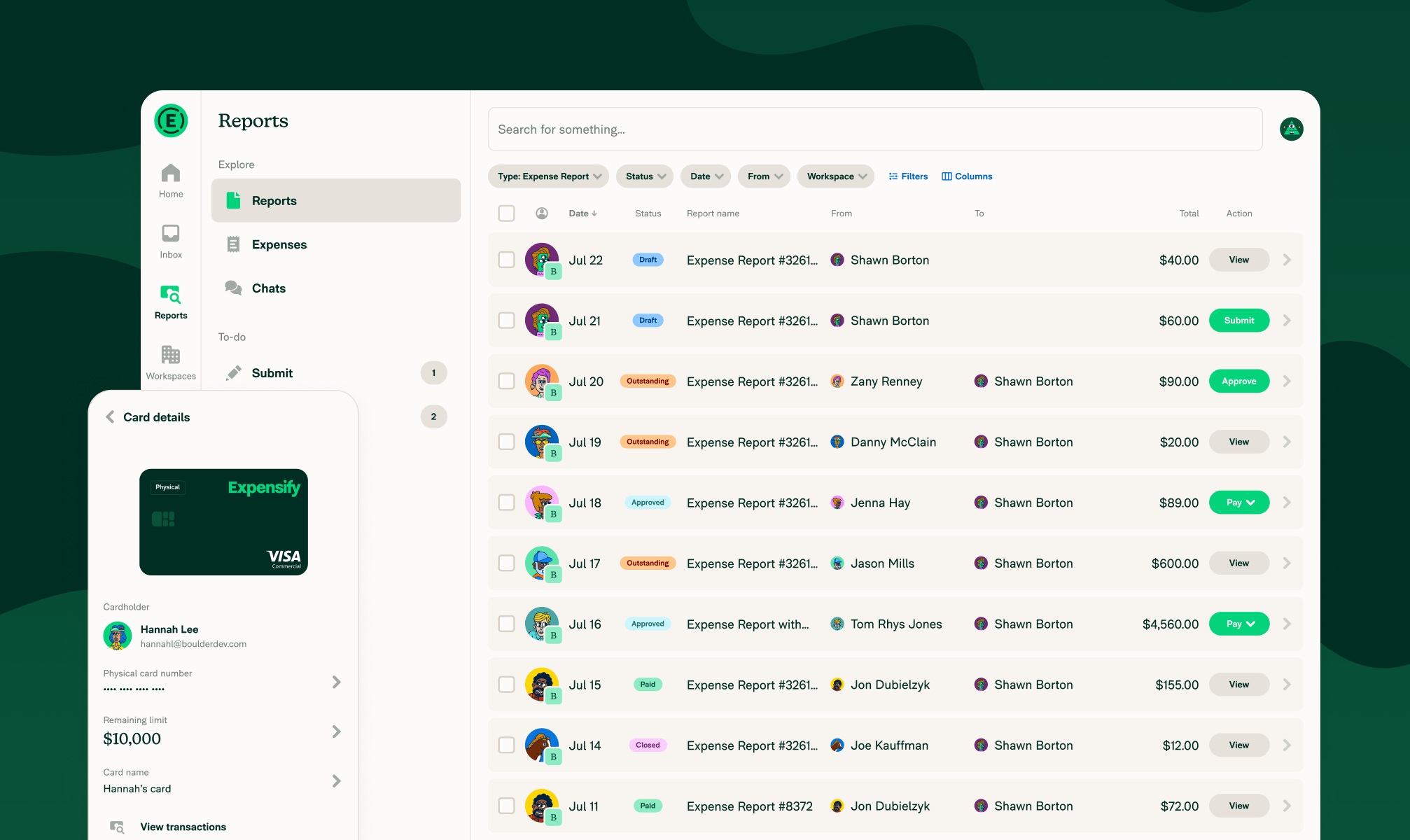Expensify’s expense report interface with approval statuses and a business card details panel