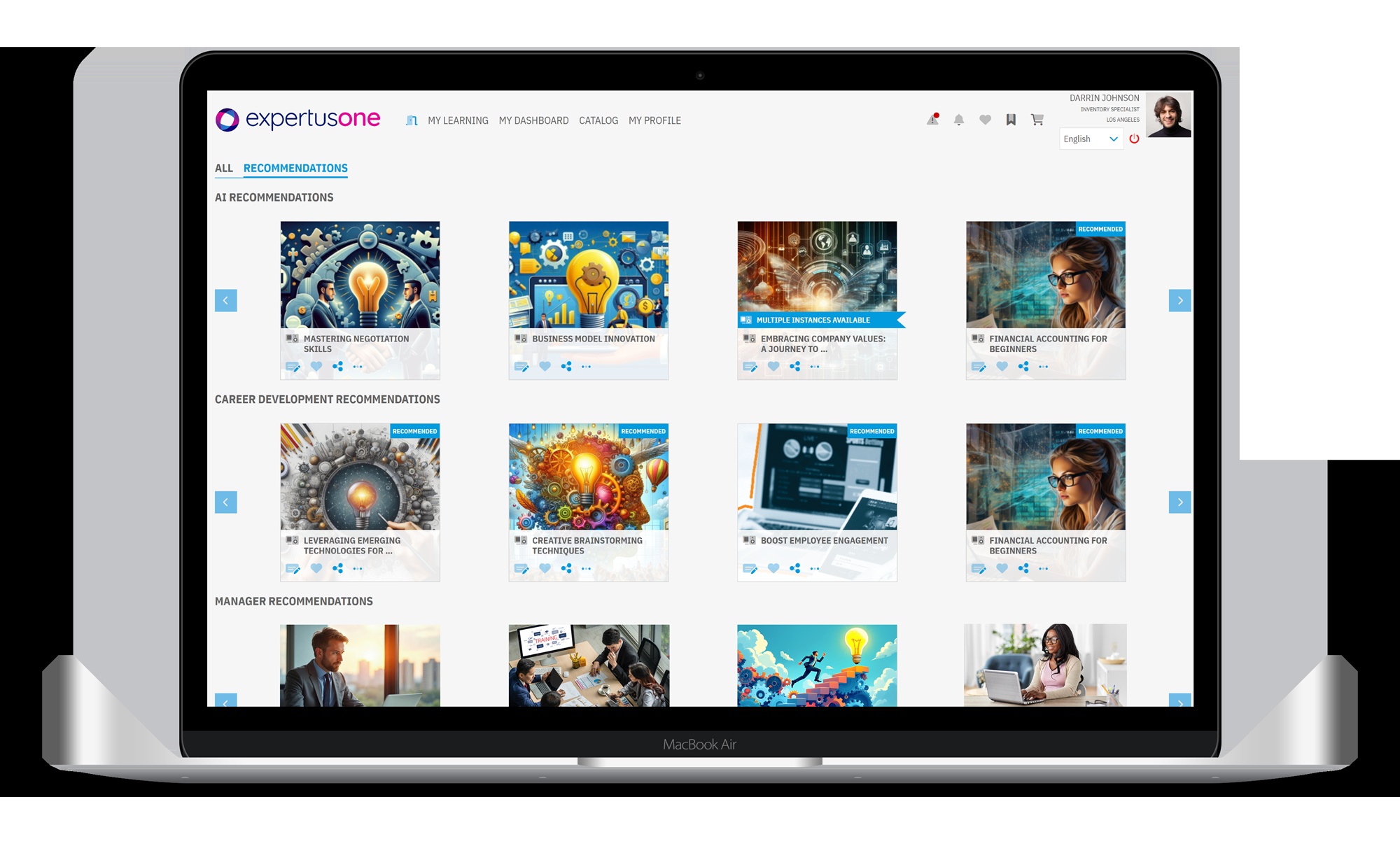 ExpertusONE learning interface showing AI and career development recommendations