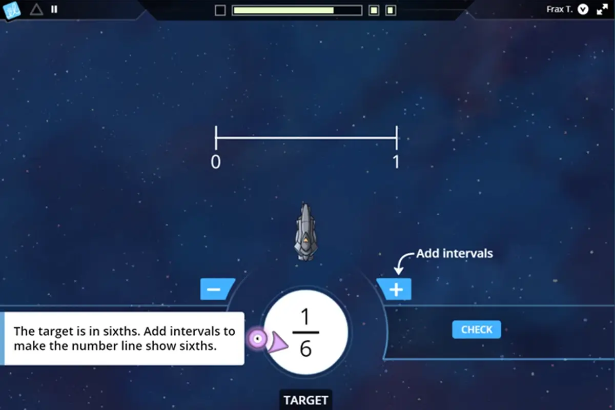 Frax game asking a student to divide a number line from zero to one into sixths
