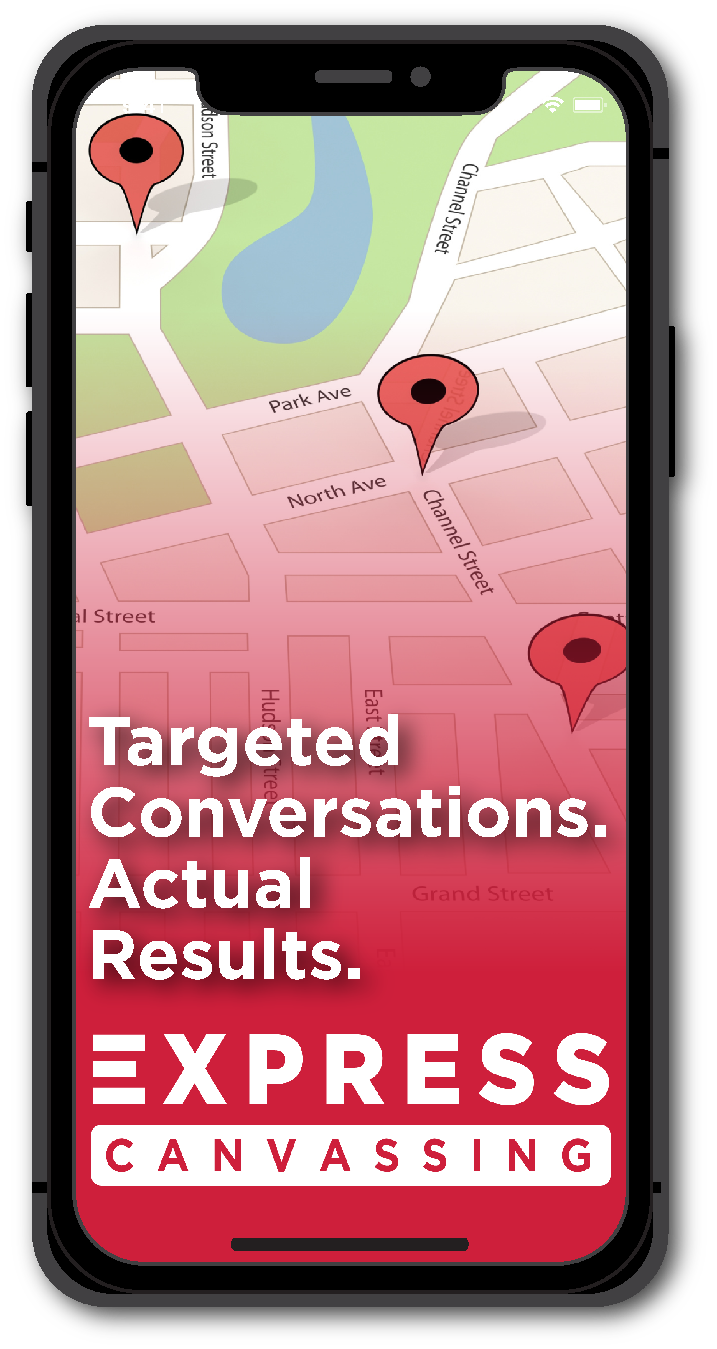 Express Canvassing illustration of a phone map with targeted doors