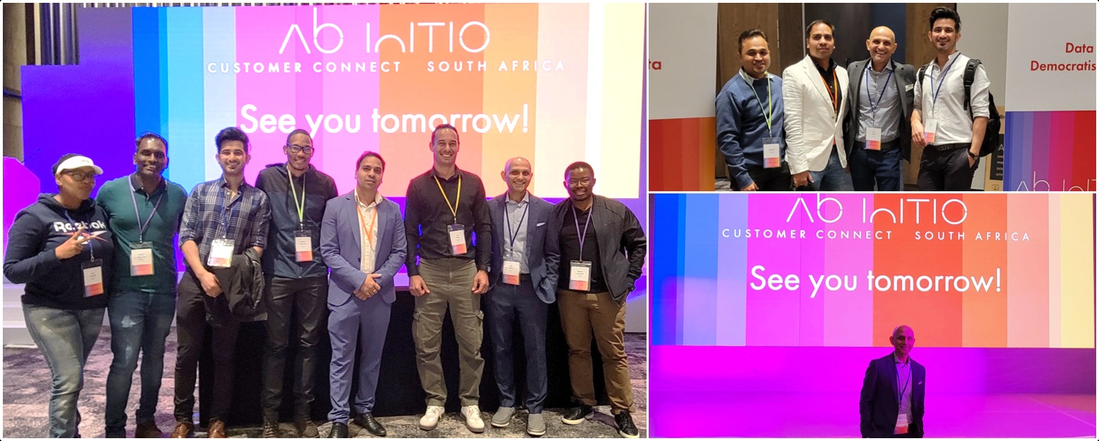 Exusia’s published collage from Ab Initio Customer Connect in South Africa, showing attendees and an event speaker