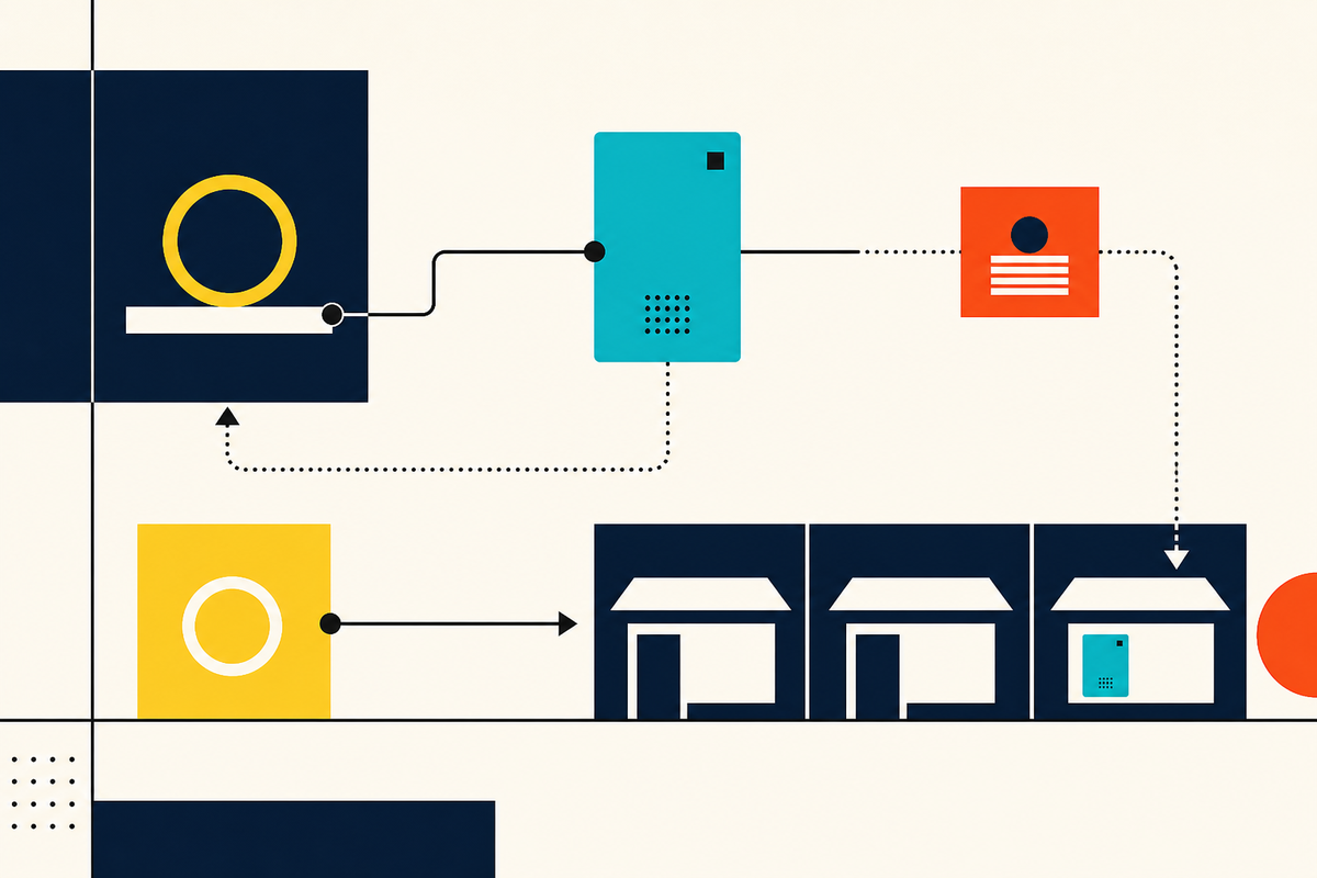 Abstract Swiss-style diagram showing an object moving through a collateral, cash and resale network