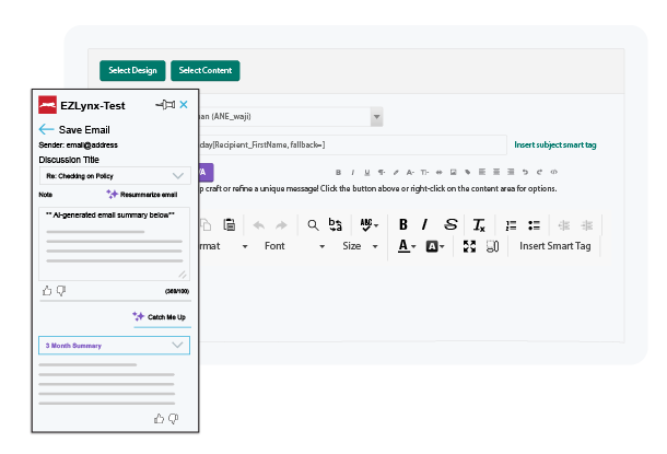EZLynx illustration of EVA summarization alongside an email interface