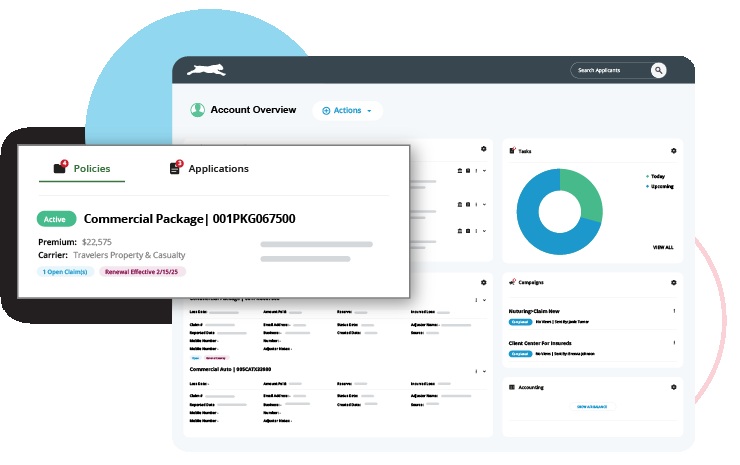 EZLynx agency-management product illustration showing an account overview, policies and task panels