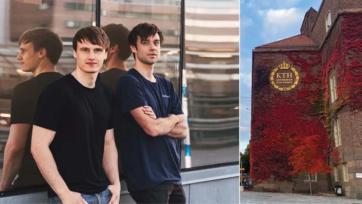 Fabian Hedin and Anton Osika beside a photograph of the KTH campus