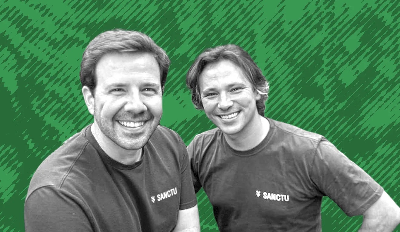 Sanctu co-founders Henrique Dantas, left, and Fabien Mendez, right, wearing Sanctu T-shirts
