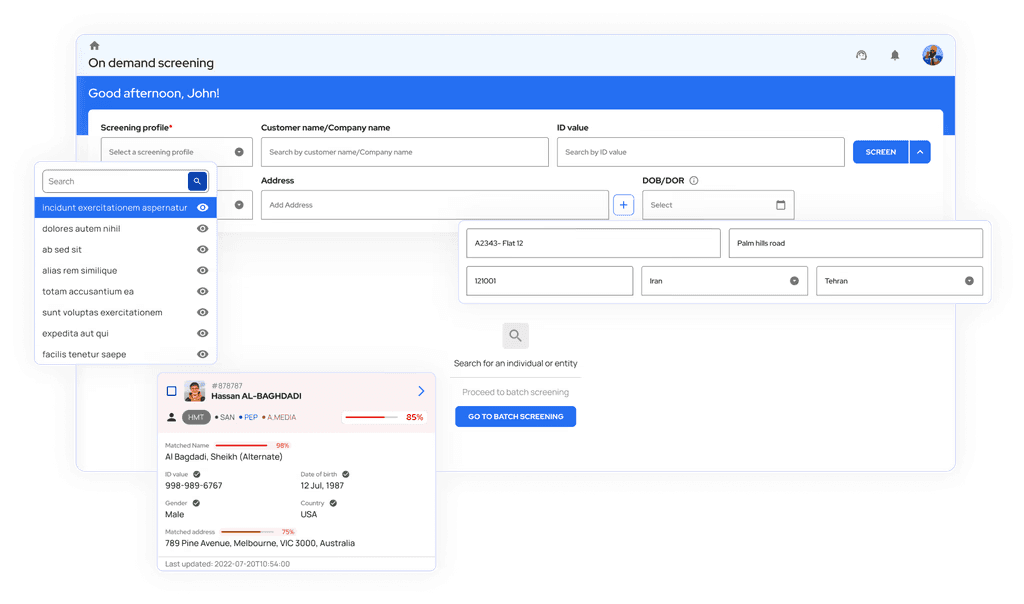 FacctView promotional interface showing screening fields and an example match card