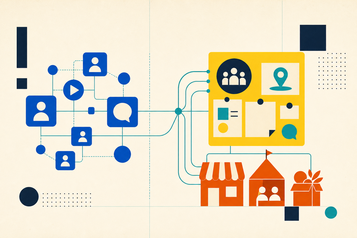 Abstract Swiss-style illustration of a blue social network flowing into a yellow community board and orange local shops