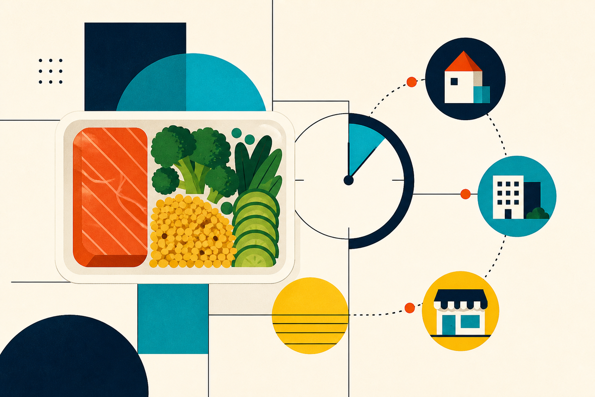 Geometric illustration of a prepared meal tray, a clock and routes to home, office and retail