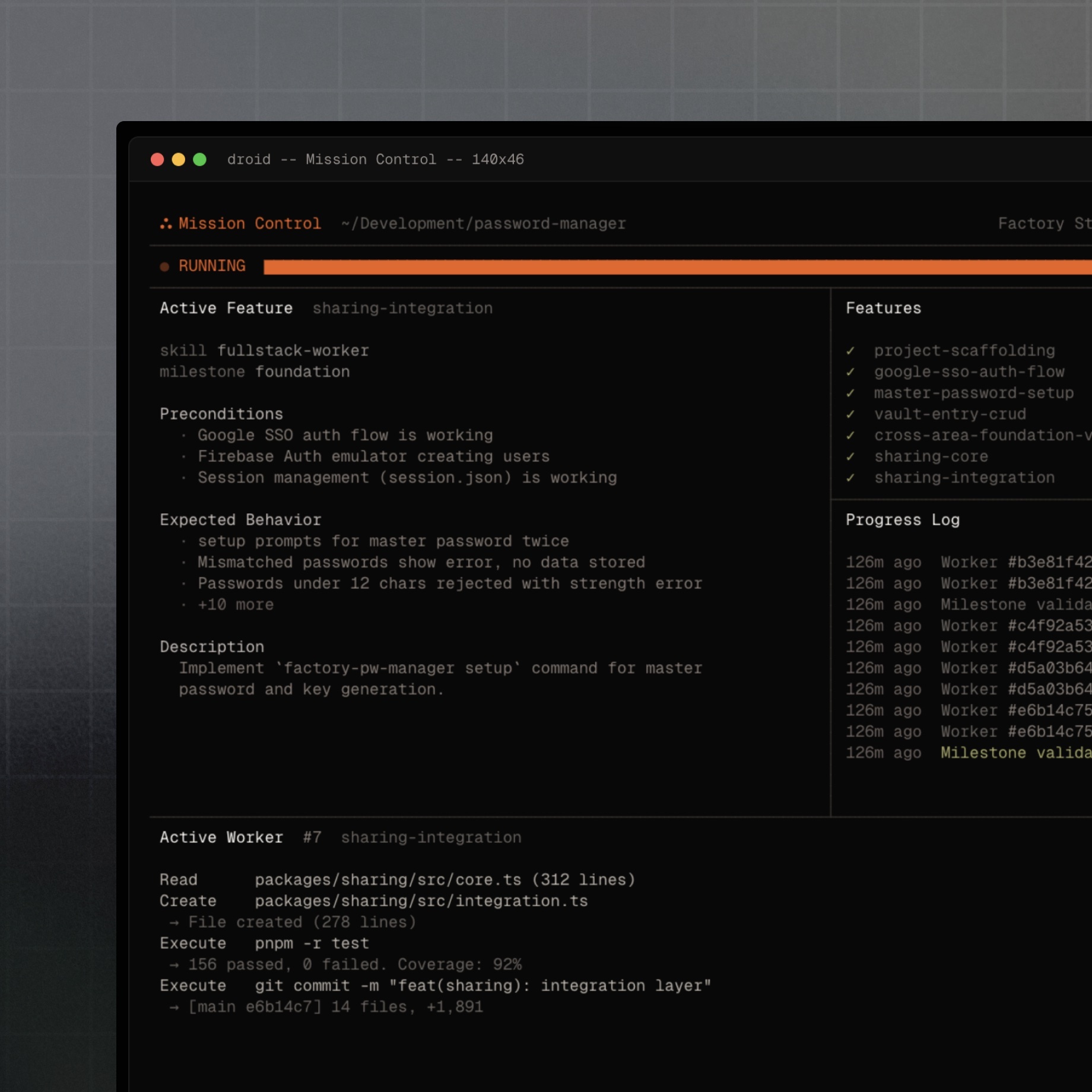 Factory Mission Control product illustration showing active features, workers, preconditions and progress logs