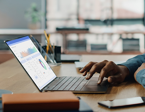 A person reviewing charts on a laptop at a desk