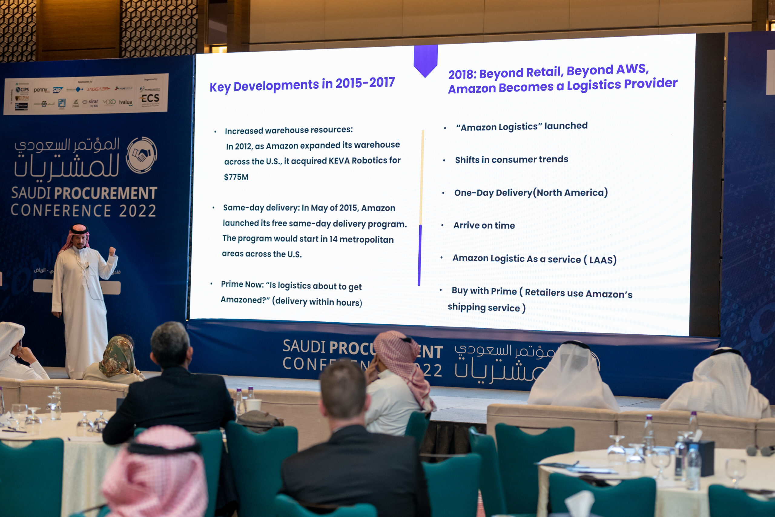 Faisal Almaklas presenting beside a slide about Amazon logistics at the Saudi Procurement Conference 2022
