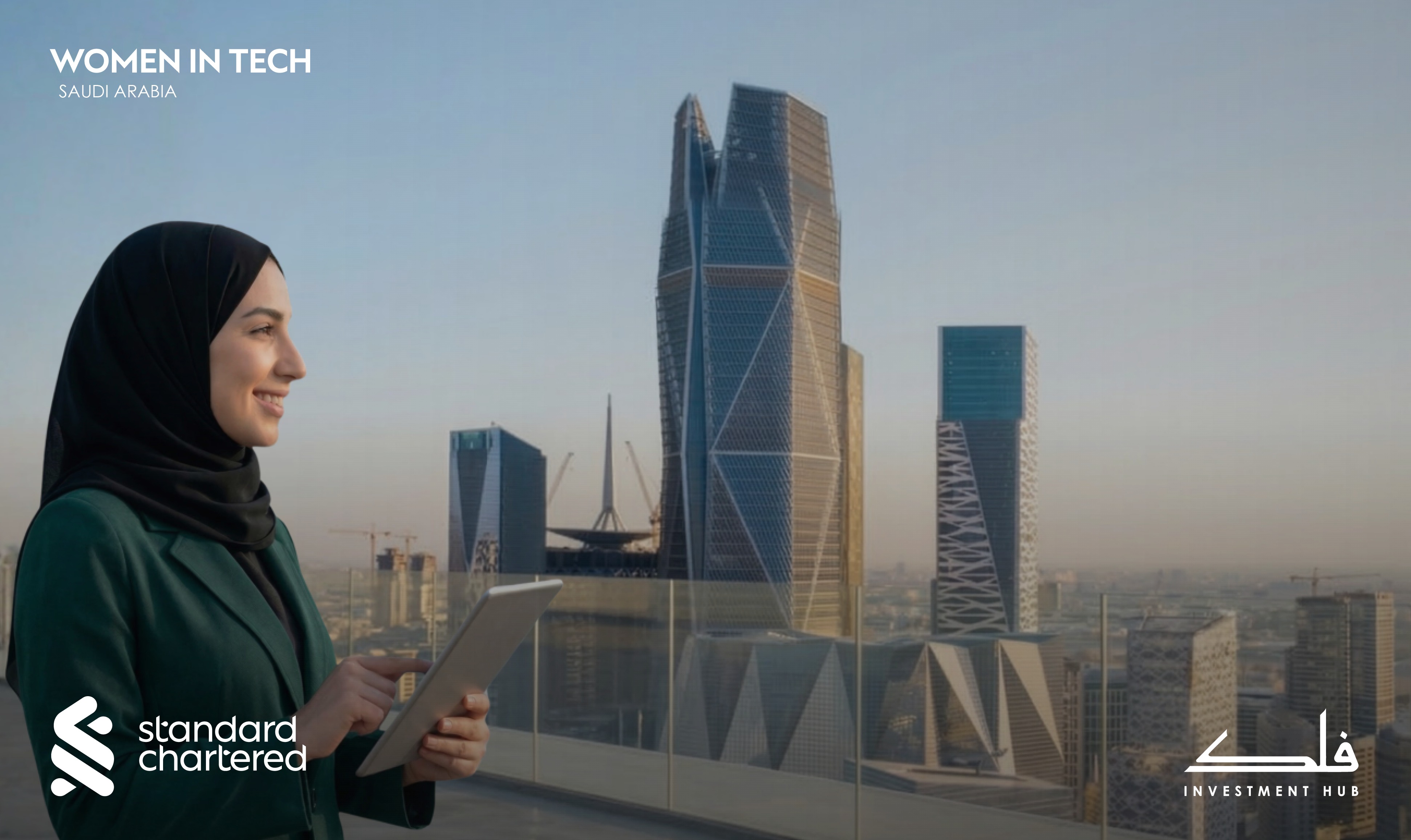 Women in Tech Saudi Arabia program artwork showing a Saudi founder against the Riyadh skyline