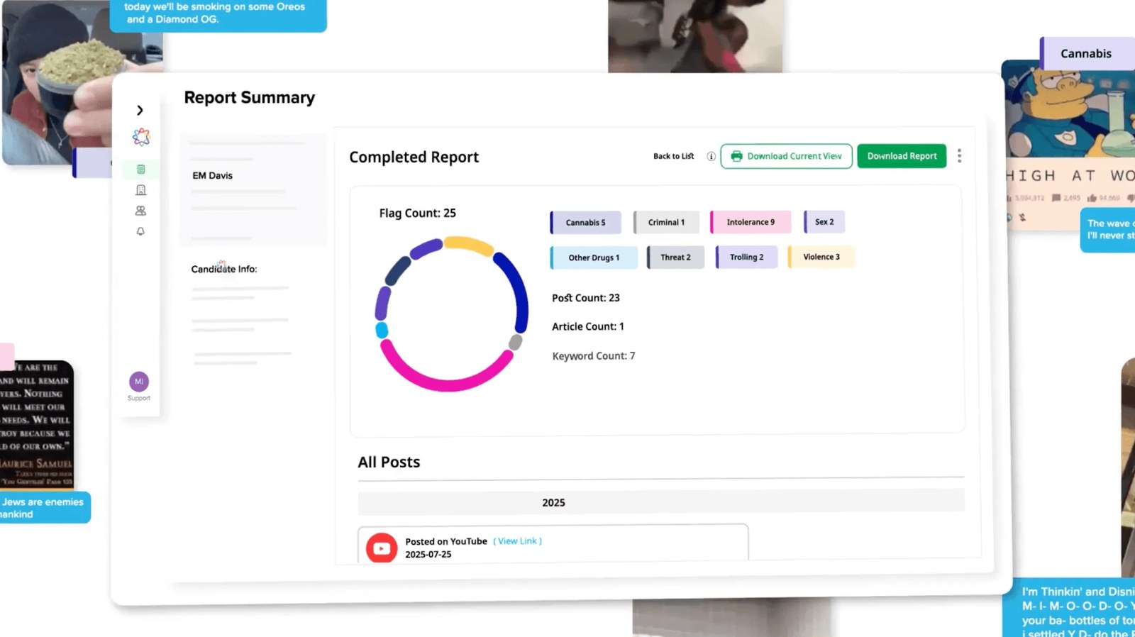 A Fama online screening report showing a flag-count donut chart and categorized risk labels